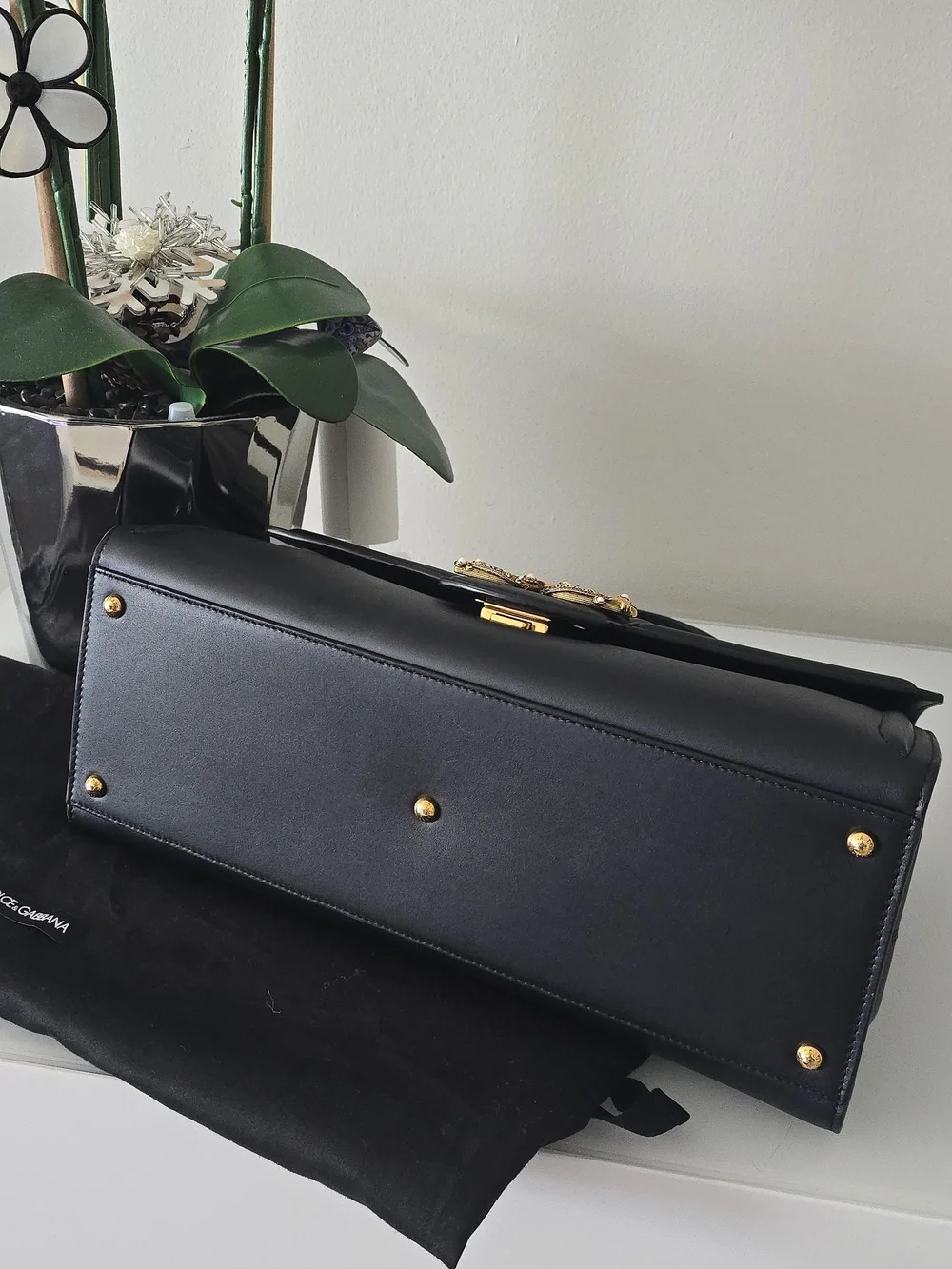 AUTH Dolce & Gabbana Amore Black Leather Top-Handle with Gold DG Logo, New